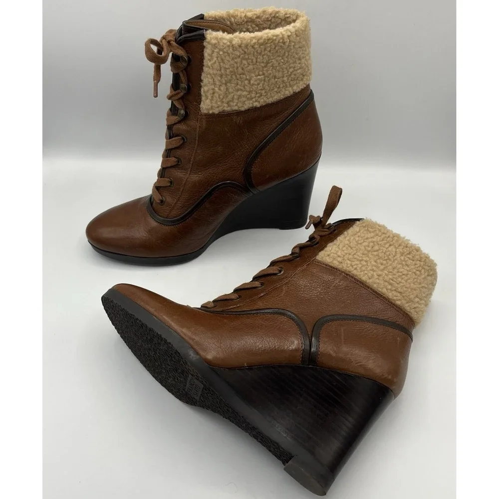 Franco Sarto Ankle Boot‎ Wedge Leather Sherpa Womens 7.5 Brown Lace Up Waverly